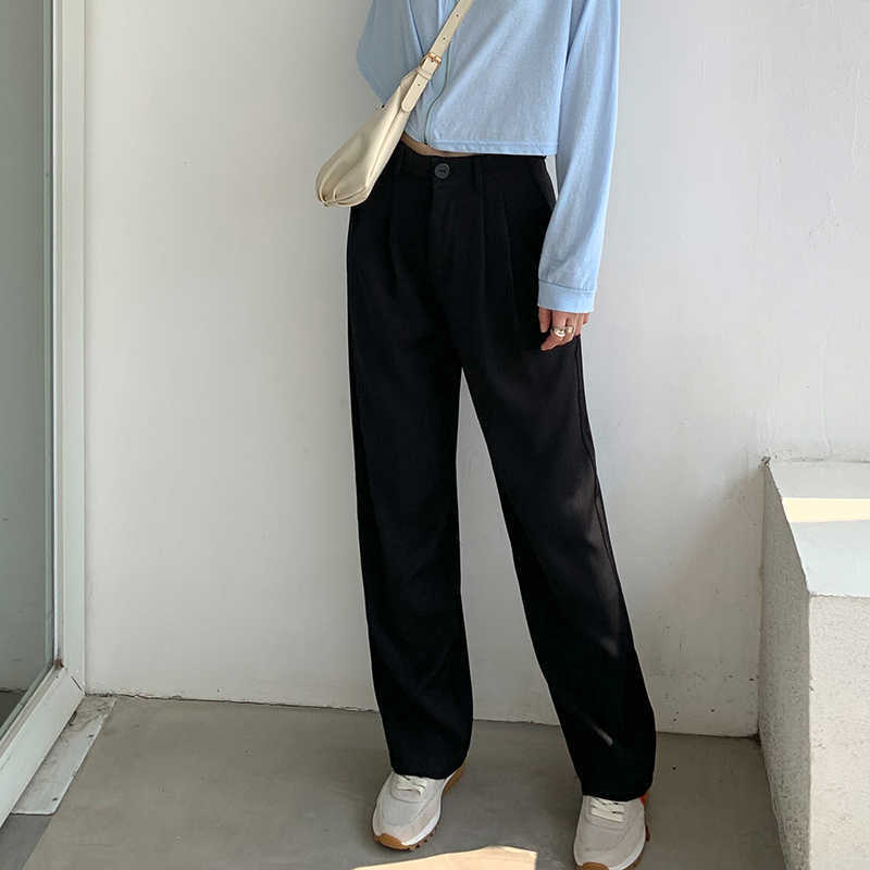 Women Spring Summer Straight Wide Leg Pants Elegant Office Lady Casual Trousers Length 156-166cm 211115