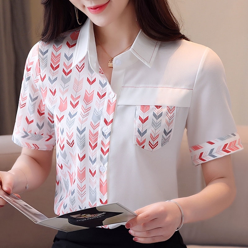 Blouse Women Turn Down Collar Office Lady Blouse Women Tops Short Sleeve Print Chiffon Blouse Shirt Tops Blusas Shirts D181 210602, White 
Blouse Women Turn Down Collar Office Lady Blouse Women Tops Short Sleeve Print Chiffon Blouse Shirt Tops Blusas Shirts D181 210602, White