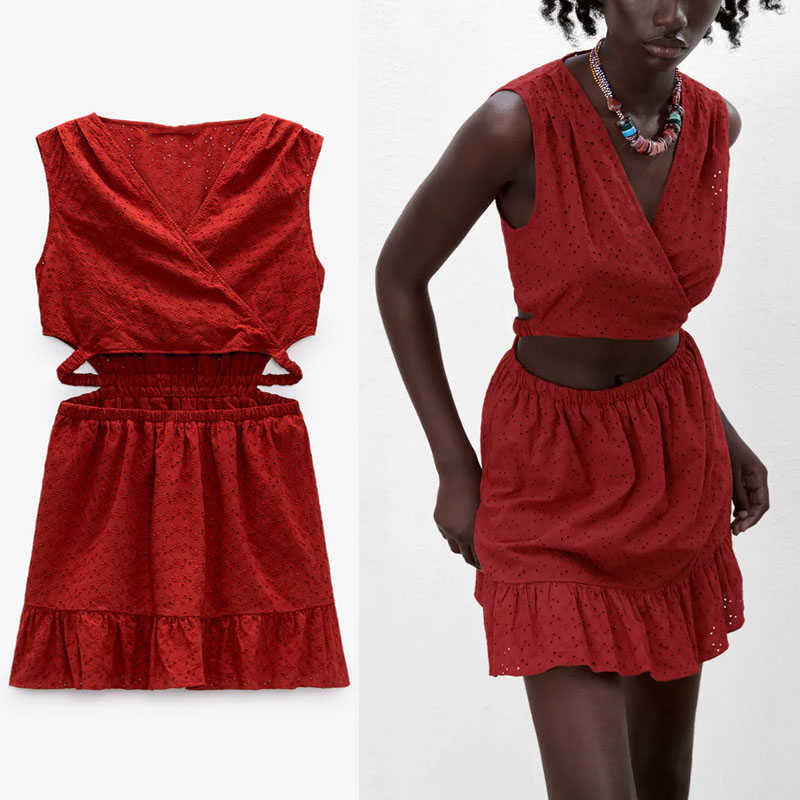 Za Summer Women Openwork Embroidered Dress Sleeveless Elastic Waist Sexy Party Dress Female Pleated Ruffle Mini Red Dresses 210602, As picture
Za Summer Women Openwork Embroidered Dress Sleeveless Elastic Waist Sexy Party Dress Female Pleated Ruffle Mini Red Dresses 210602, As picture