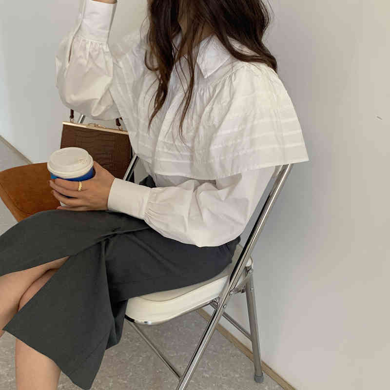 Ruffles Female Streetwear Stylish Chic Korean White Vintage Brief Solid All Match Retro Office Lady Shirts 210421