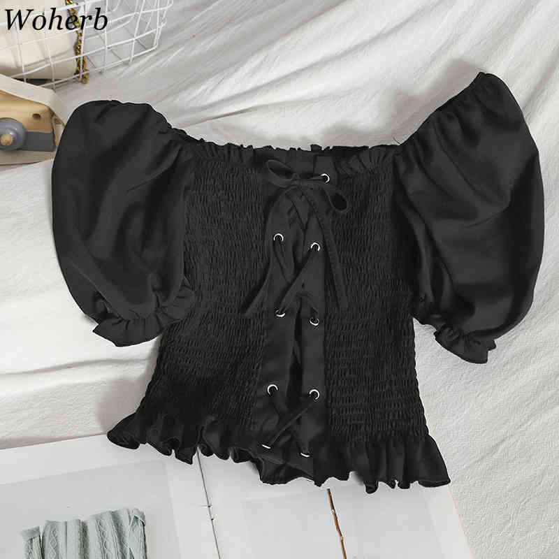 Crop Tops Mujer Ruffles Slash Neck Sexy Blouses Women Cross Lace Up Pleated Shirt Summer Korean Sweet Blusas Female 95439 210519