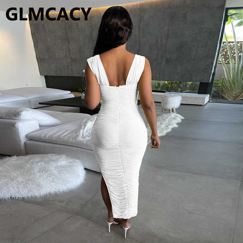 Women Spaghetti Strap Square Neck Slit Bodycon Maxi Dress 210702