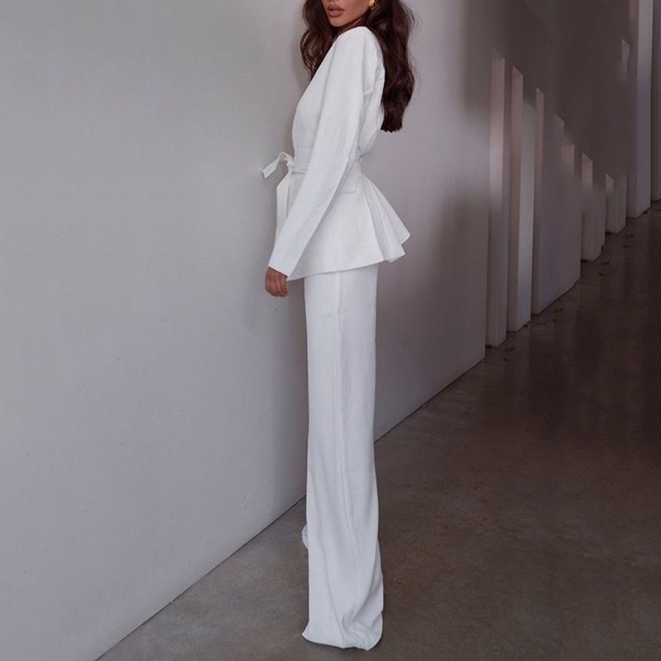 Free Autumn Women's OL Suit Set Sexy V-neck Long Sleeve Belt Lace-Up Blazer & Pants Two-piece Office 210524