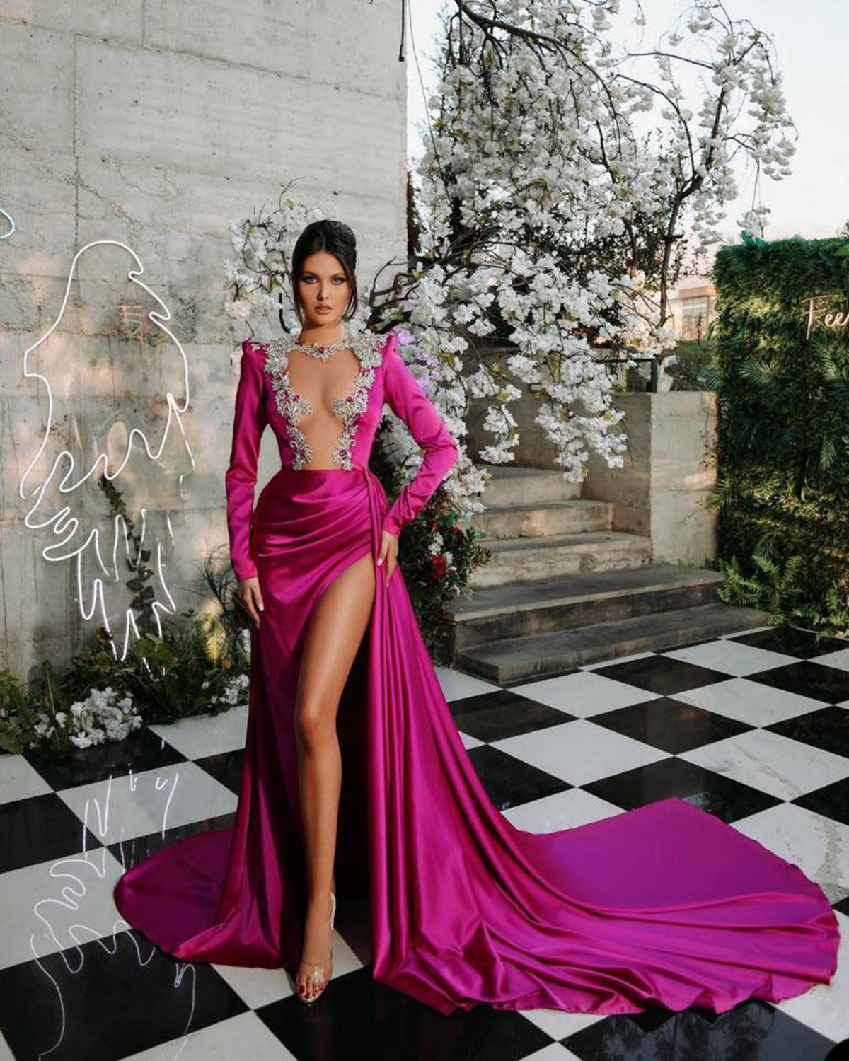 Women Satin Sexy Evening Dresses Long Sleeves O Neck See Through High Split Elegant Prom Gowns Custom Made Plus Size 2024