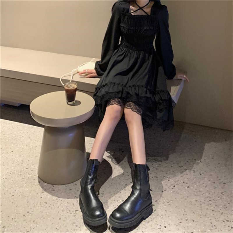 Gothic Women Black Fairy Party Dress Cross Square Collar Lolita Princess Irregular Cute Kawaii Lace Ruffles Chic 210623
