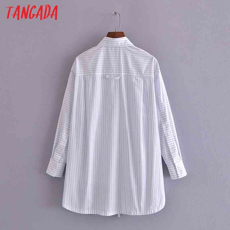 Women Retro Oversized Striped Print Blouse Pocket Chic Female Casual Loose Shirt Blusas Femininas 3H190 210416