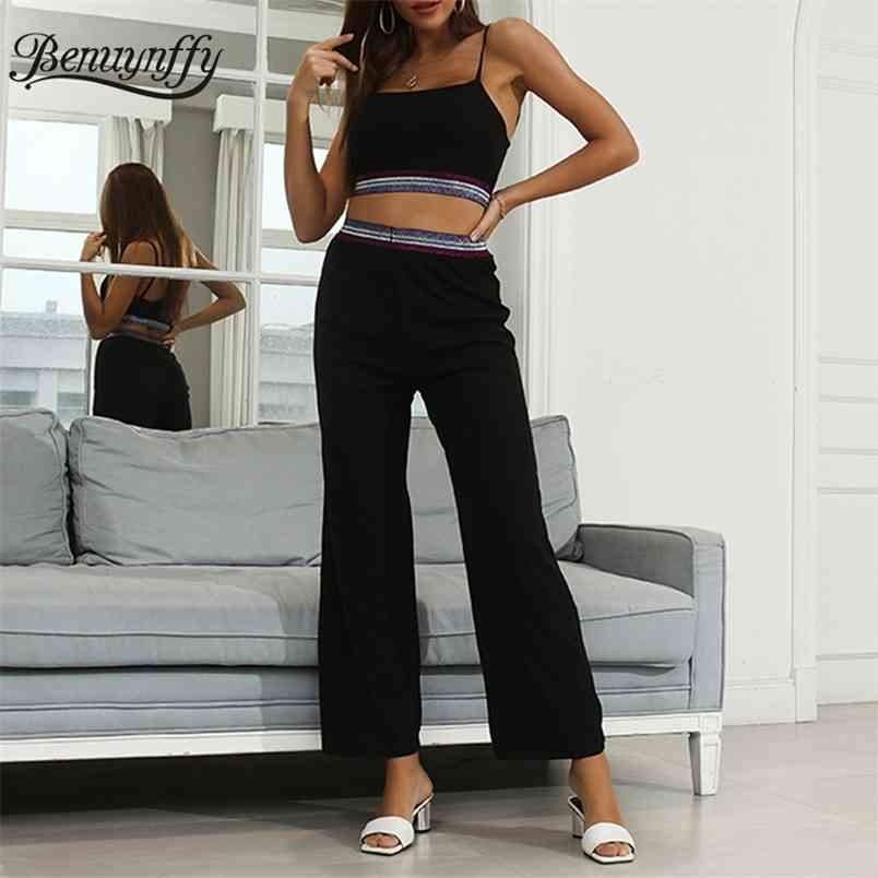 Black Two Piece Suit with Diamonds Detail Women Sexy Cropped Cami Top and Pants Set Summer Fashion Streetwear 210510