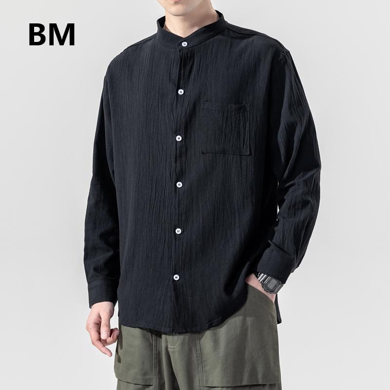 Fashion Cotton Linen Stand-up Collar Shirt For Men Autumn Loose Thin Harajuku Long Sleeve Solid Color Plus Size Top Male Men's Casual Shirts