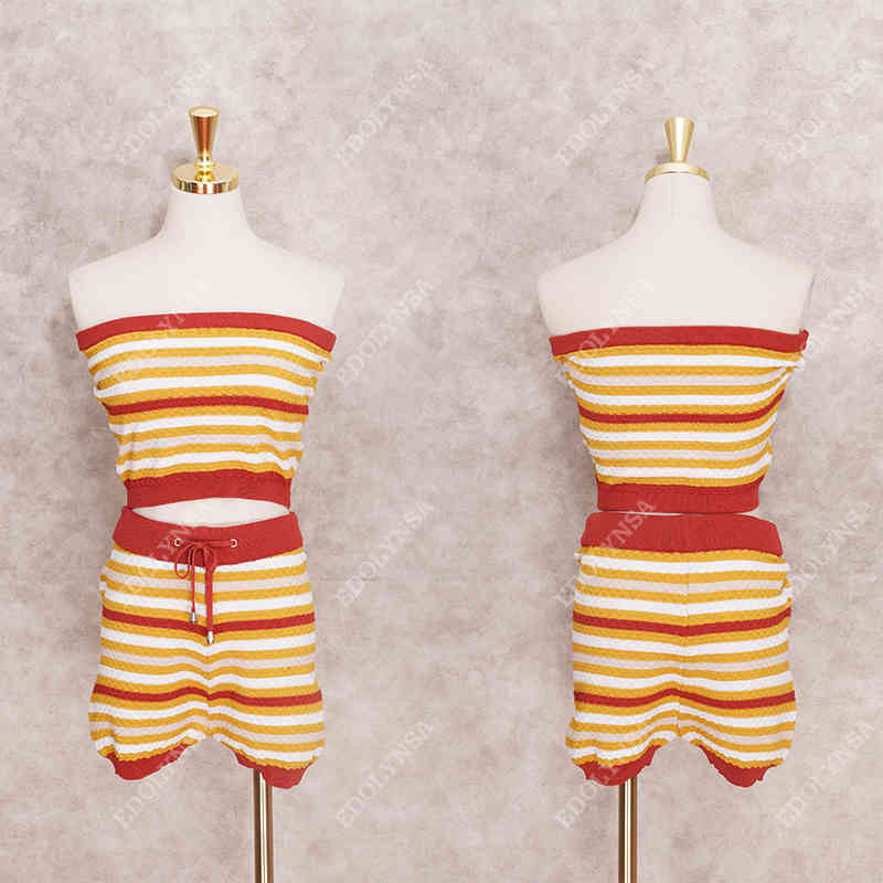 Sexy Beachwear 2 Pieces Women Set Yellow Striped Self Belted Crochect Bandeau Top and Shorts Pants Swim Suit Cover Up A778 210420