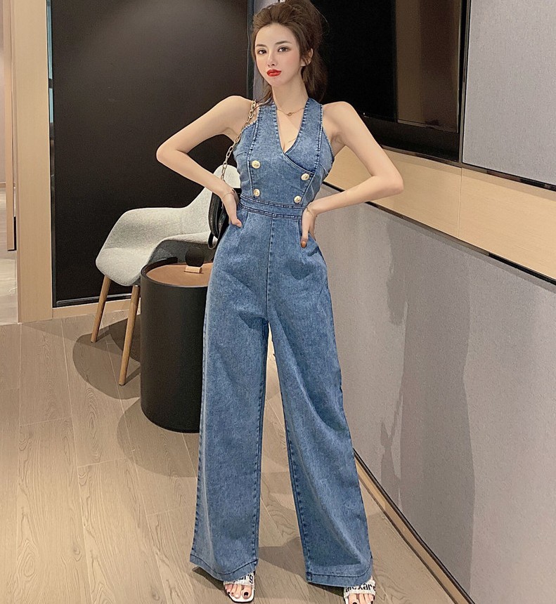 High quality Summer Women Sleeveless Denim Jumpsuit Sexy Deep V Neck Wide Leg Overall Korean Style Button Backless Long Rompers 210518