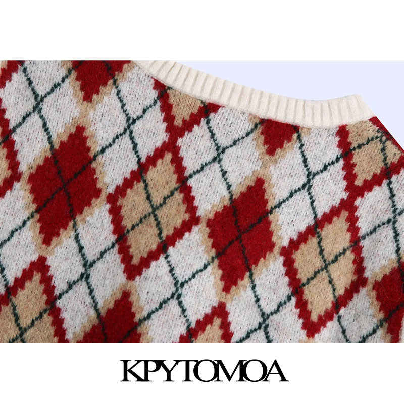 Women Fashion Loose Cropped Argyle Knitted Vest Sweater V Neck Sleeveless Female Waistcoat Chic Tops 210420