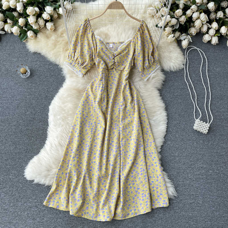 DEAT Women Printing Lace Dress Square Collar Puff Sleeve Arrivals Lady Temperament Fashion Spring Summer 11D565 210709