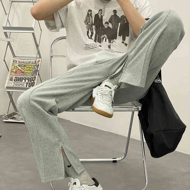 IEFB Men's Sports Casual Pants Korean Fashion Loose Straight Zipper Split Hem Black Sweatpants Spring Summer 9Y6916 210524