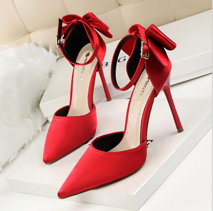 Plus size 34-43 Women Pointed Toe Pumps Dress Shoes High Heels Boat Shoes Wedding Shoes tenis feminino Side with Bow