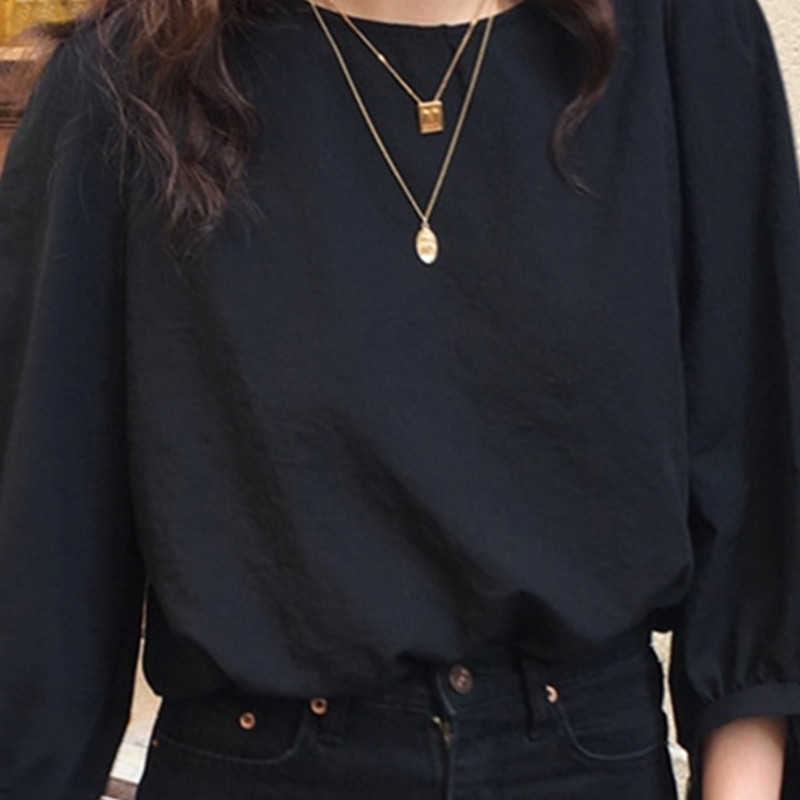 Women Blouse Korean O-neck 3/4 Puff Sleeve Shirt Causal Solid Pullover Blusas Mujer De Moda Verano 6F671 210603