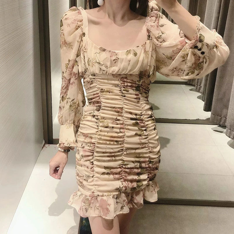 Women Puff Long Sleeve Floral Print Chiffon Dress Summer Autumn Pleated Bodycon Sexy Party Dress Square Neck Mini Dress 210414