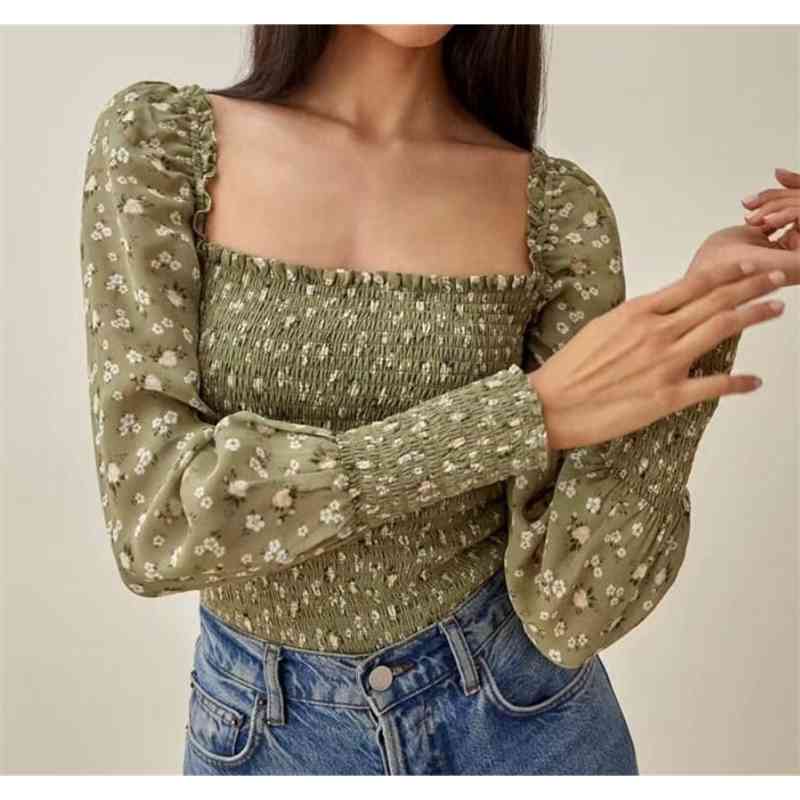 Vintage Green Flower Print Crop Shirt Women Sexy Square Neck Elastic Ruched Body Slim Fit Blouse French Summer Elegant Tops 210429