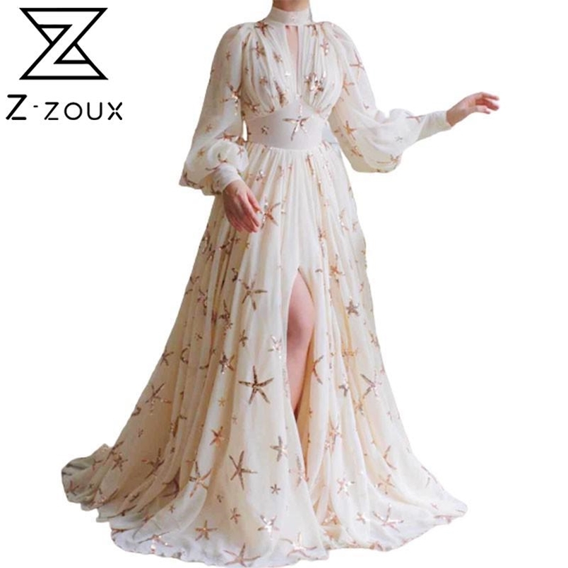 Women Dress Long Sleeve Sequined Vintage Stand Collar Lantern Maxi es High Waist Split Sexy es 210513