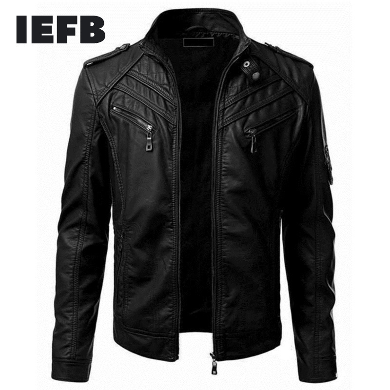 IEFB /men's clothing casual black PU leather jackets male stitching stand collar S - 5XL size long sleeve zipper coat Y3674 210524