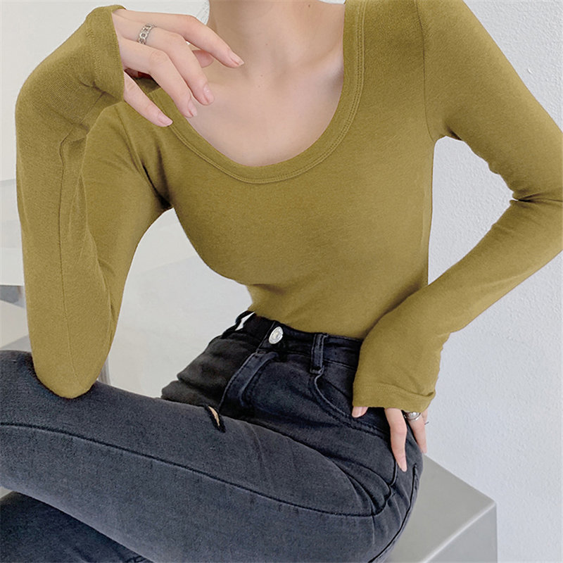 Female All Match Solid Basic Women Stylish O-Neck Slim Brief Tops Full Sleeves Plus Size T-Shirts 7 Colors 210421