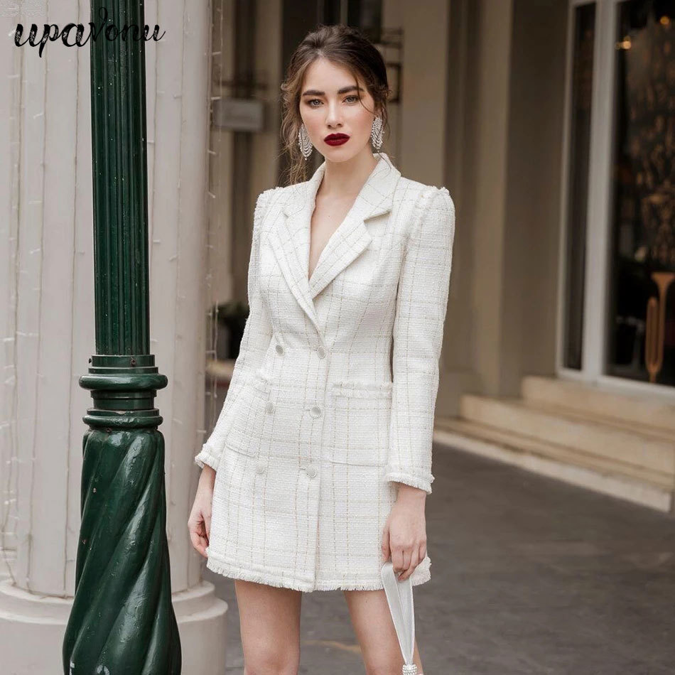 Free Elegant Plaid Blazer Dress Women Lapel Long Sleeve Double Breasted Bodycon Club Party 210524