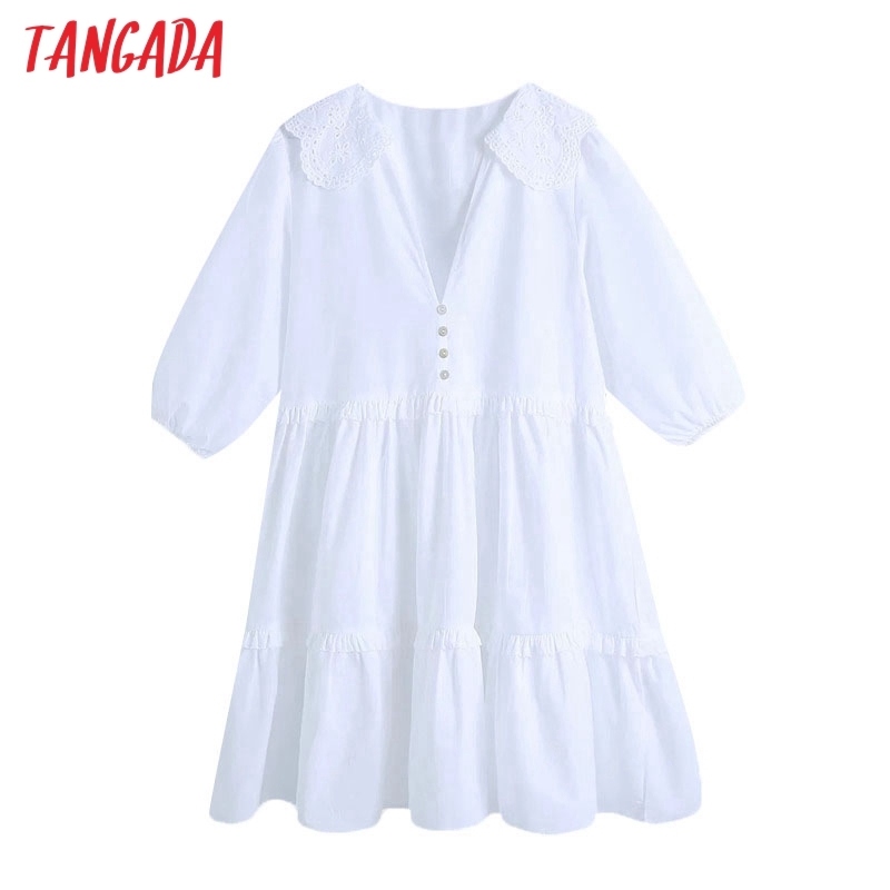 Women Fashion Embroidery Oversized Collar White Mini Dress Vintage Short Sleeve Summer Female Dresses Vestidos BE01 210416