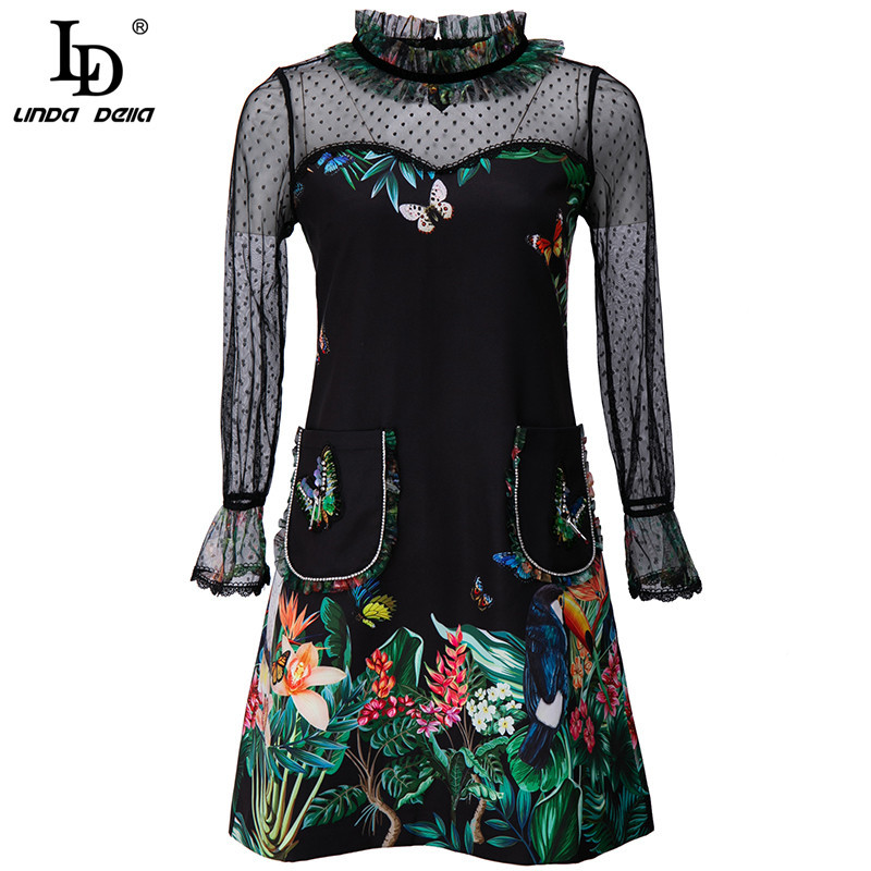 Summer Fashion Runway Vintage Dress Women Mesh Long Sleeve Embroidered Floral Print A Line Mini Dresses 210522