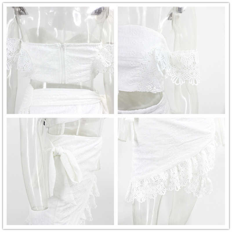 DEAT Summer White Lace Hollow Out Bandage Bodycon Slash Neck Short Top Mini Skirt Two Piece Set Women Outfits MI629 210708