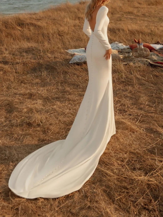 Simple Backless Mermaid Wedding Dresses Satin Long Sleeve Country Plus Size with Buttons Bridal Gown Vestidos De Novia Custom Made 2022 robe de mariag