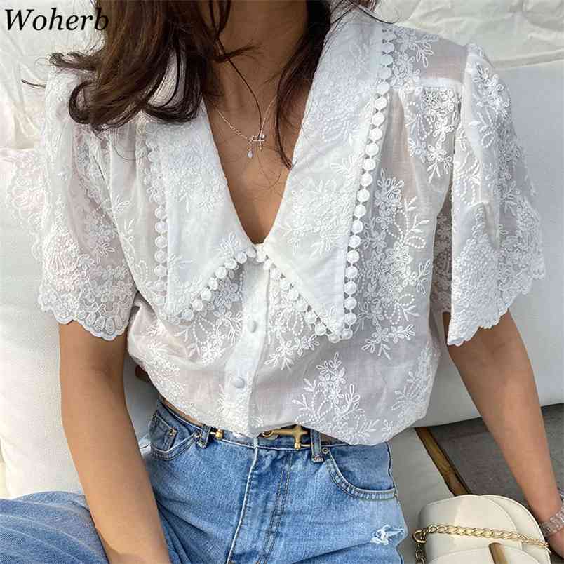 Women Tops Korean Chic Blouse Summer White Shirts Heavy Lace Crochet Floral Puff Sleeve Blouses Blusas 95521 210519
Women Tops Korean Chic Blouse Summer White Shirts Heavy Lace Crochet Floral Puff Sleeve Blouses Blusas 95521 210519