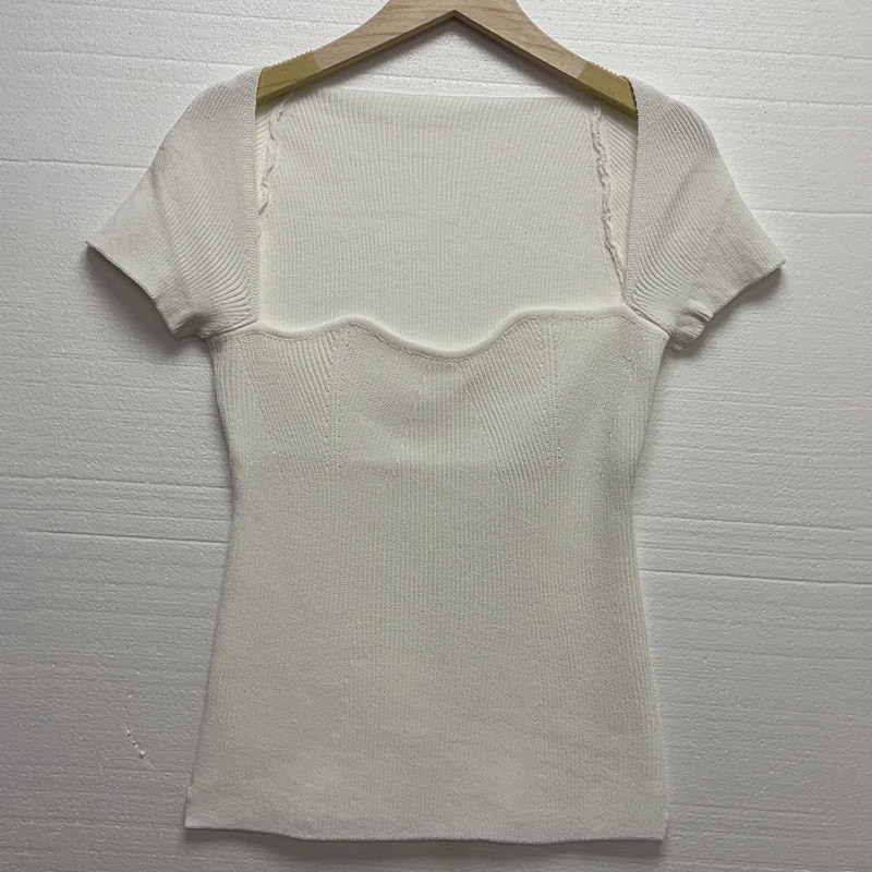 Spring Square Collar Knitted Women T-Shirts Slim Irregular Long Sleeve Sexy Female T-Shirt Summer Solid Elastic Ladies Top 210406