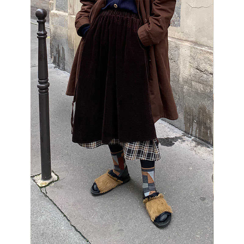 Japanese Spring Women Corduroy Plaid Long Skirt Korean Ladies Elastic Casual High Waist A-Line Skirts Fashion Streetwear 210619wtt