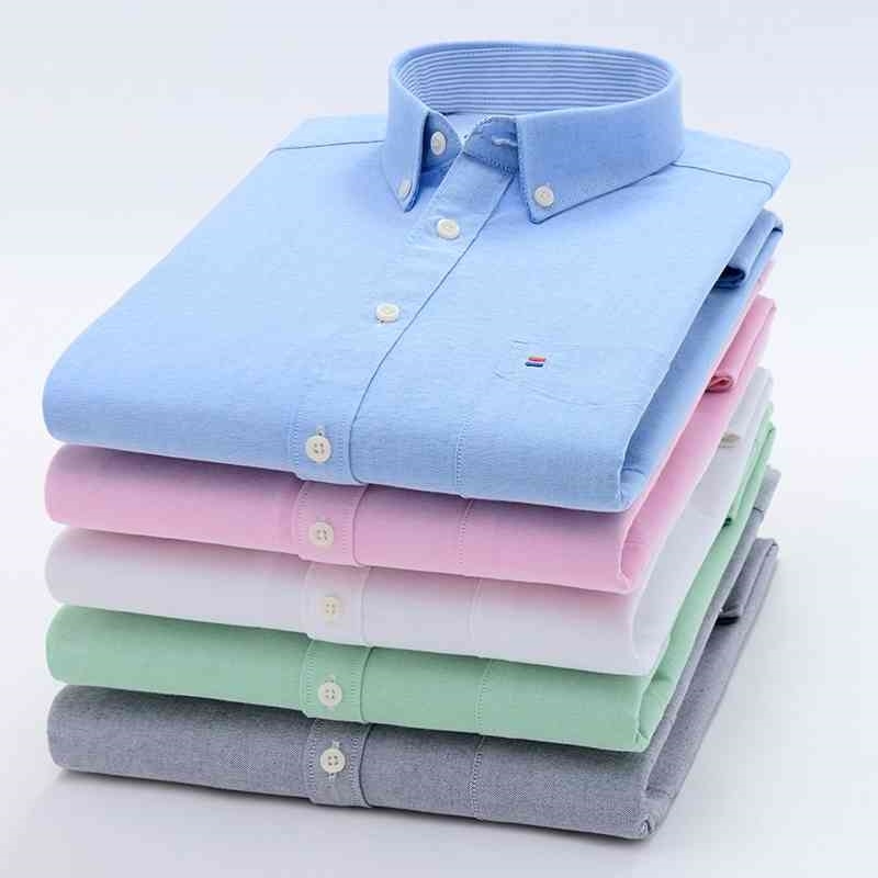 Size 8XL Oxford Shirt For Mens Long Sleeve Cotton Casual Dress Shirts Male Solid Plaid Chest Pocket Regular-Fit Man Social Shirt 210410