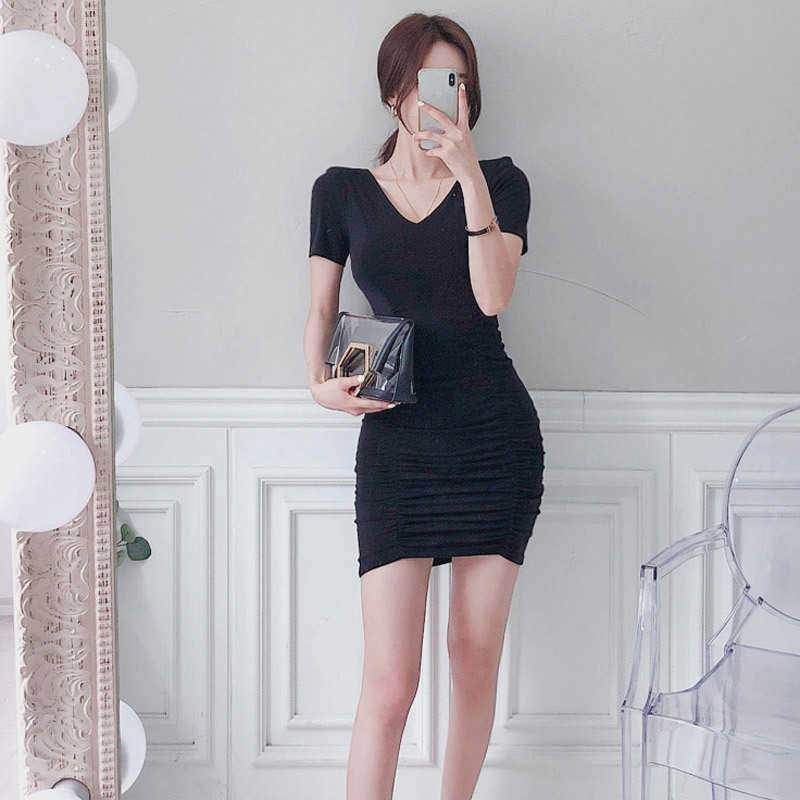 WOMENGAGA summer Korean elegant Sheath V-neck slim pleated fashion bag hip knitted T-shirt dress mini dresses pink Z6S4 210603