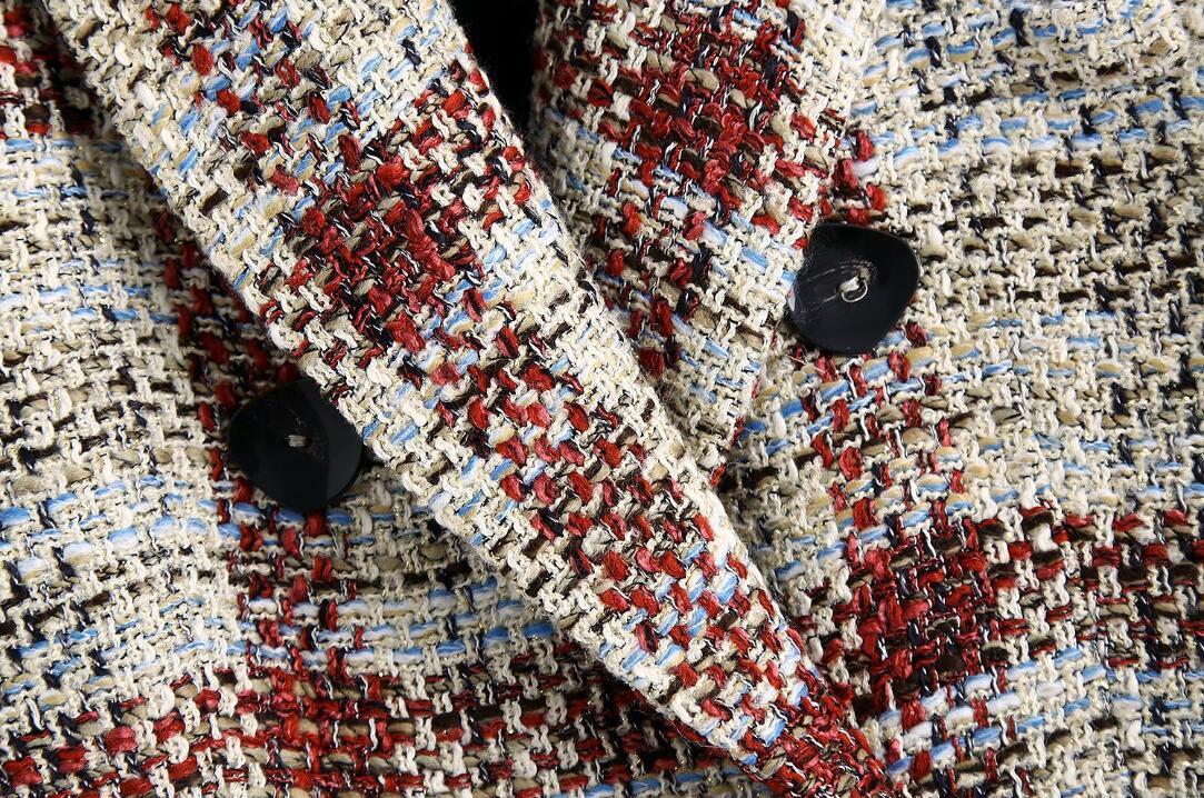 Spring CHIC Women Weave Tweed Gingham Plaid Blazer Retro Elegant Double-breasted Buttons Suit Female Fashion Vintage Coat 210429
