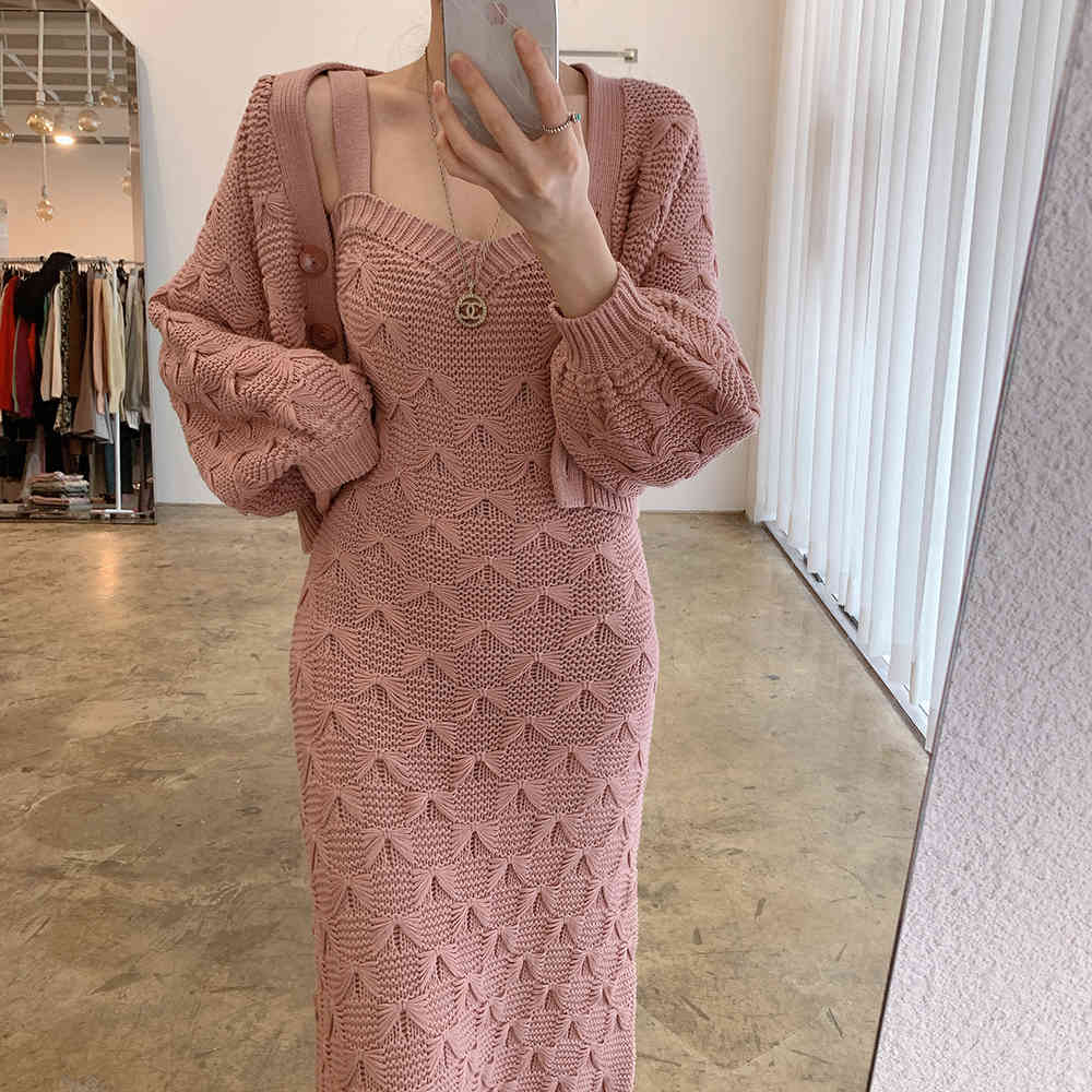 Korean Jacquard Knitted 2 Piece Set Women Chic Single-Breasted Lantern Sleeve Short Sweater Coat + Spaghetti Strap Slim Dress 210518