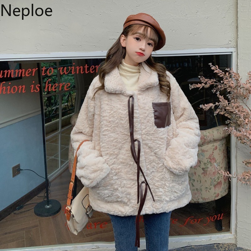 Neploe Winter Clothes Jackets for Women Loose Bow Thicked Furry Warm Outwear Streetwear Fashion Korean Coat Female 4F889 210422
