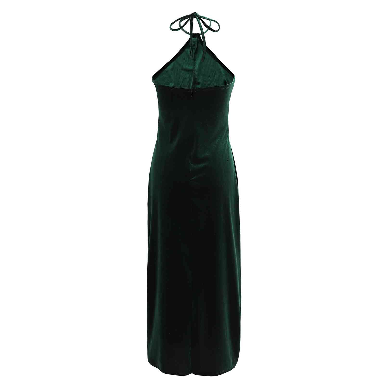 Elegant Women Green Velvet Halter Dress Fashion Ladies Slim Slit Side Dresses Sexy Female Chic Backless Vestidos 210430