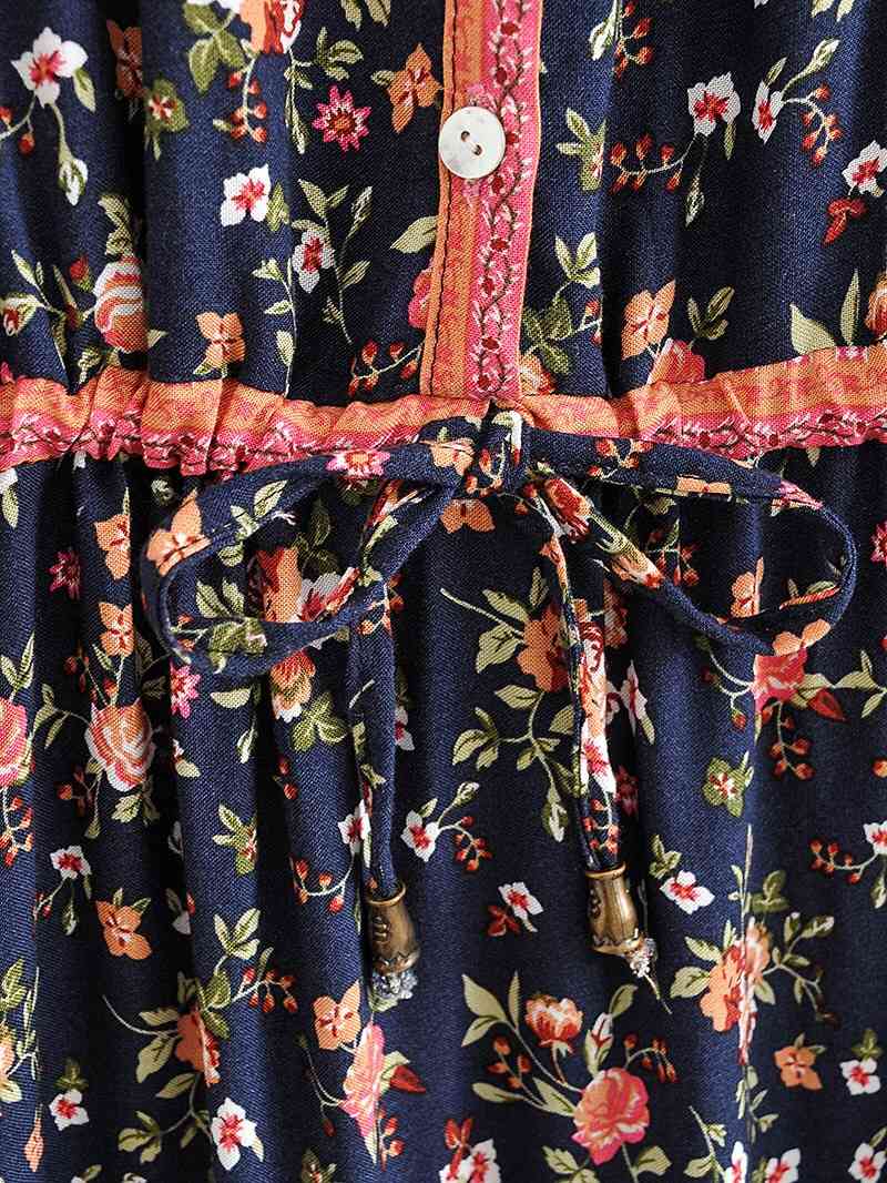 Bohemian Buttons Collar Floral Print Long Sleeve Short Dress Hippie Woman Adjustable Lacing up Waist Holiday Dresses BOHO 210429