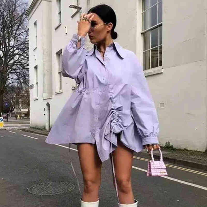 Foridol Chic Style Lace Up Short Shirt Dress Women Casual Oversized Streetwear Purple Short Dress Spring Autumn Dress 210415
