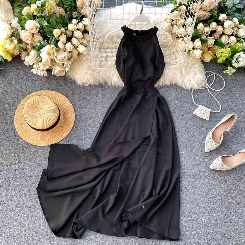 Summer Women Sleeveless Sexy Halter Dresses Female High Waist Solid Color Casual Midi Dress Ladys Red Dress 210521