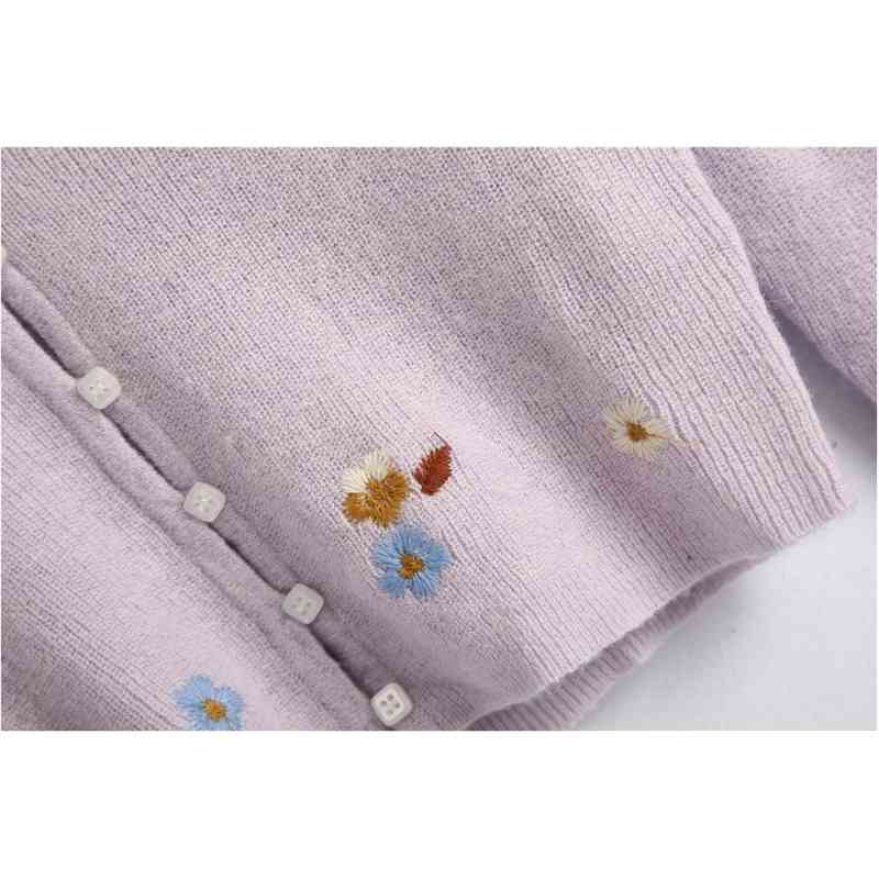 Spring CHIC French Knitting Embroidery Crop Cardigan Sweater Retro Woman V neck Long Sleeve Flower Jumper Short Knitwear 210429