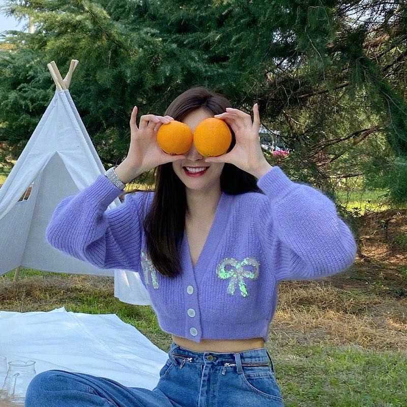 Yedinas Korean Style Cropped Cardigan Harajuku Sexy Short Sweater Women V-neck Lantern Sleeve Purple Cardigans Ladies Bowknot 210527