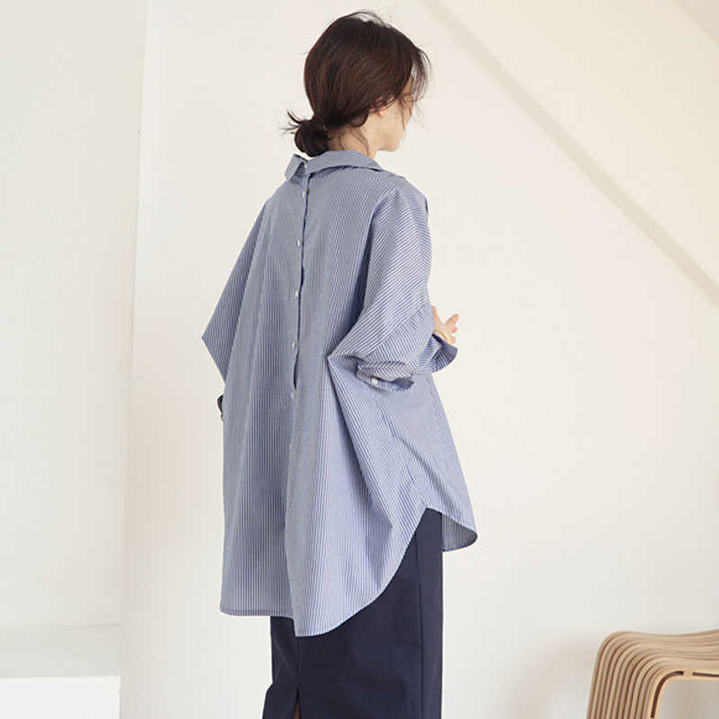 Stripe Long Sleeve Shirt Women's Korean Loose V-neck Back Button Down Pullover Plus Size Women s 210615