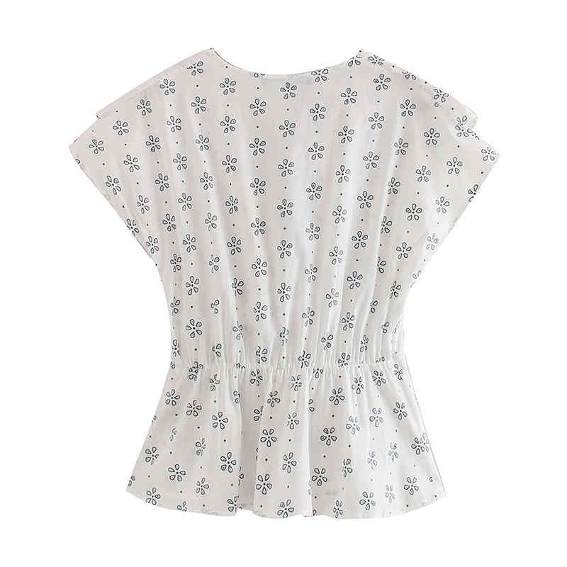 Stylish Floral Print Blouse Shirt Women V Neck Elegant Ruffled Blouses Summer Short Sleeve Casual Bow Tie Shirt Tops 210414