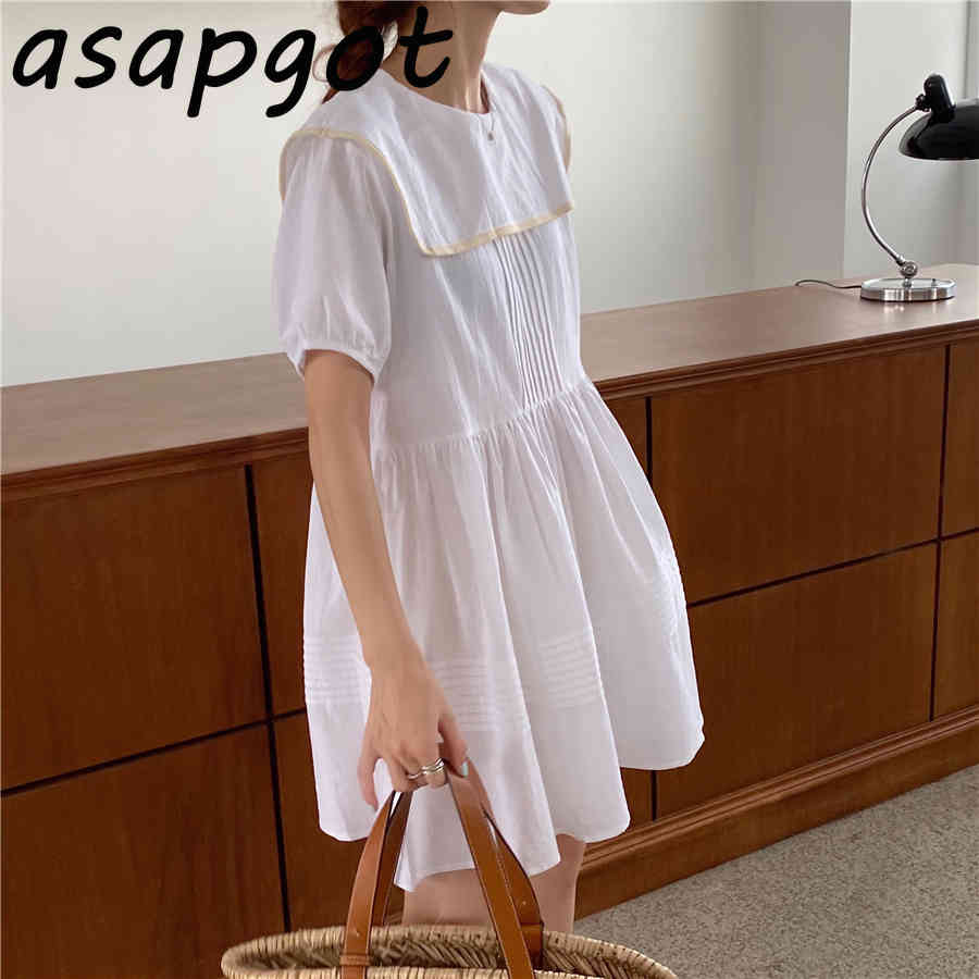 Chic Korean Preppy Style Summer Contrast Color Sailor Collor Dress Mini Student Loose Short Sleeve Doll Retro Vestido 210429