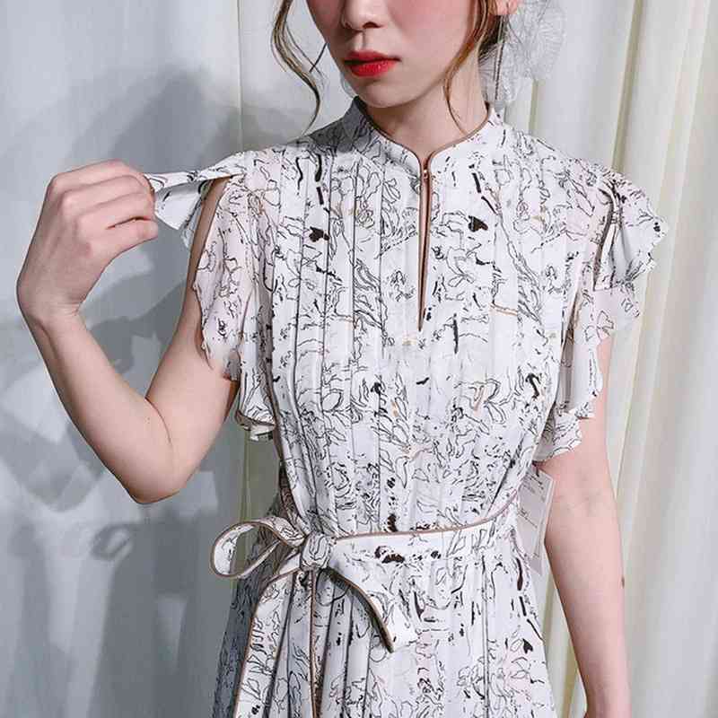 Summer Pleated Drawstring High Waist Dresses Elegant Stand Collar Flying Sleeve Woman Dress Chic Print Slim Vestidos 210524