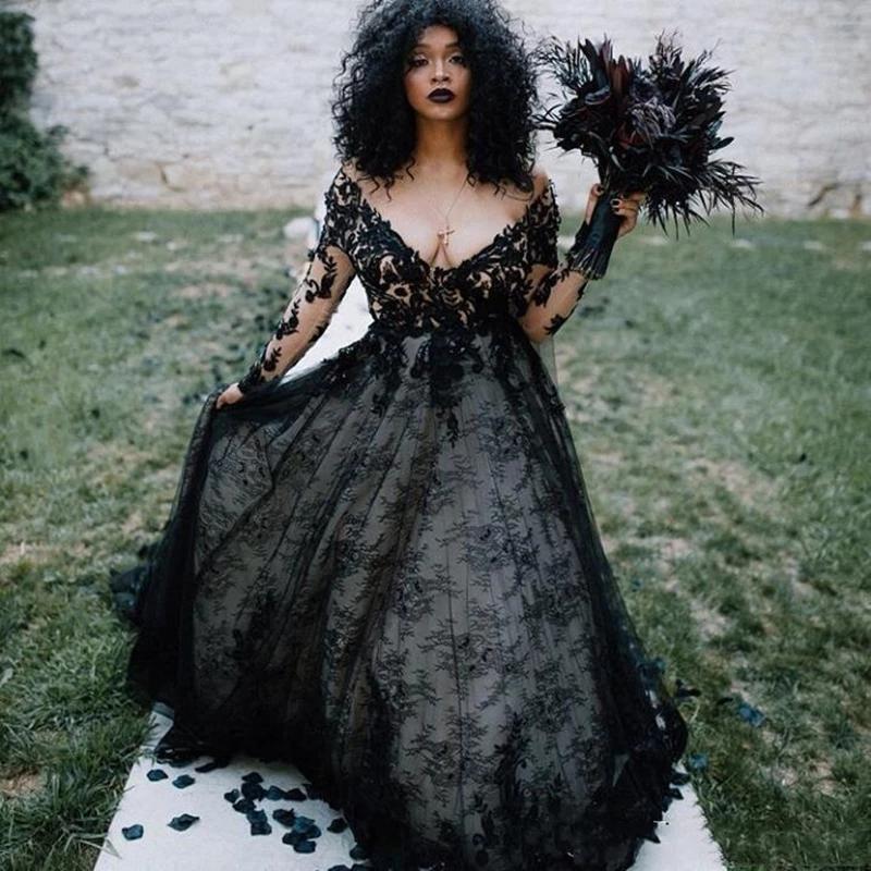 Black Long Sleeves Wedding Dresses Bridal Gown Lace Applique Tulle Sweep Train Scoop Illusion Neck Custom Made Gothic Plus Size Vestido De Novia 2021 