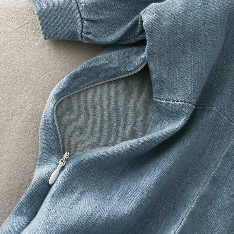 LY VAREY LIN Summer Women Puff Sleeve Square Collar Denim Dress Bow Elegant High Waist Slim Midi A-line Ladies Dresses 210526