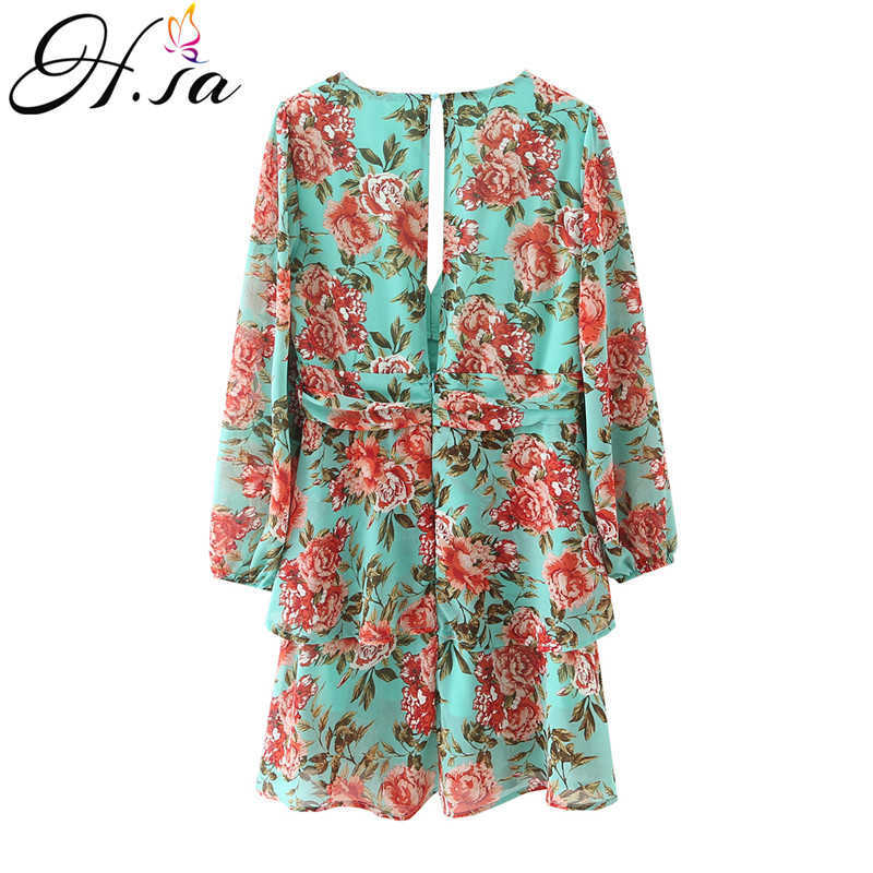 Hsa Women Floral Print Boho Party Dress Sexy V Neck Long Sleeve Spring Clothes With Waist Tie Elegant Day Dress 210716
